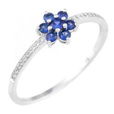 9K SOLID WHITE GOLD 0.30CT NATURAL BLUE SAPPHIRE FLORAL CLUSTER RING WITH 20 DIAMONDS.