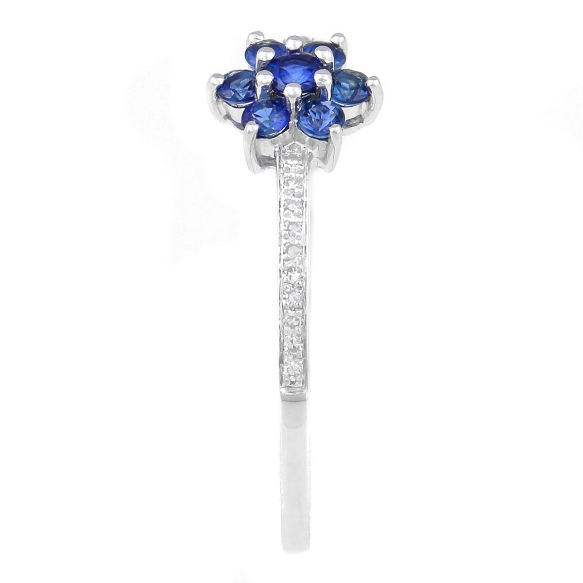 9K SOLID WHITE GOLD 0.30CT NATURAL BLUE SAPPHIRE FLORAL CLUSTER RING WITH 20 DIAMONDS.