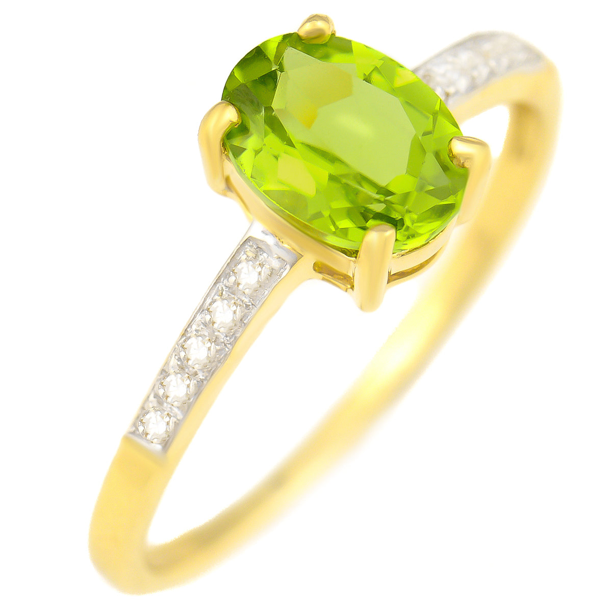 9K SOLID GOLD 1.30 CT NATURAL OVAL PERIDOT RING WITH 10 DIAMONDS.