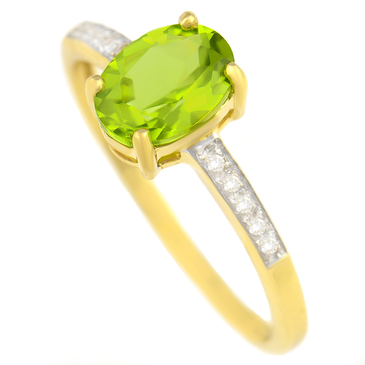 9K SOLID GOLD 1.30 CT NATURAL OVAL PERIDOT RING WITH 10 DIAMONDS.