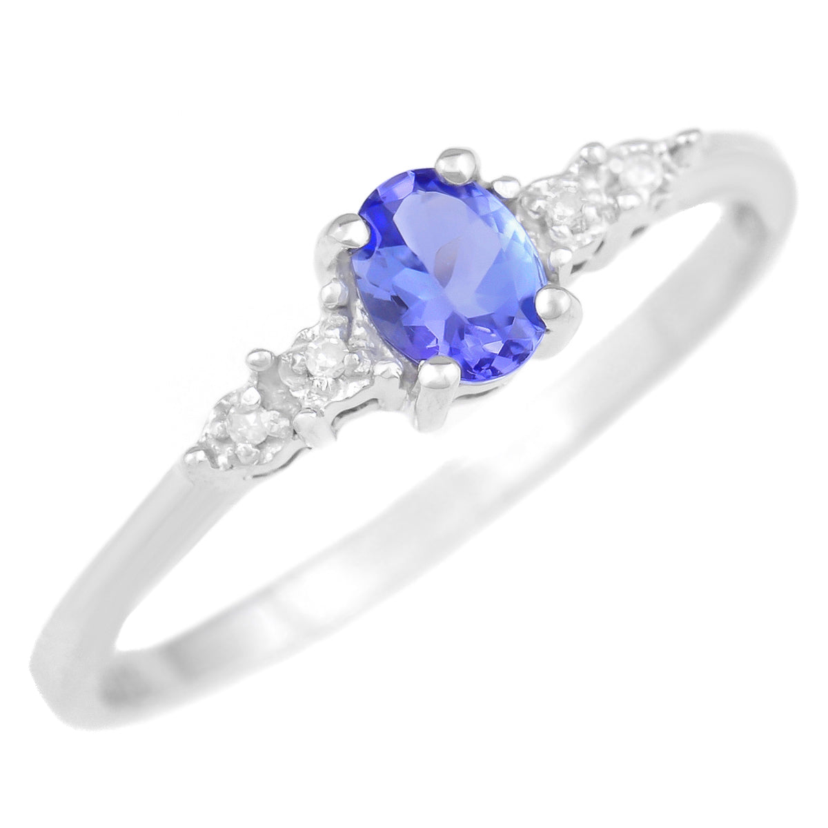 9K SOLID WHITE GOLD 0.33 CT NATURAL OVAL TANZANITE RING WITH 4 DIAMONDS.