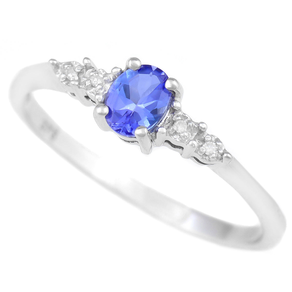9K SOLID WHITE GOLD 0.33 CT NATURAL OVAL TANZANITE RING WITH 4 DIAMONDS.