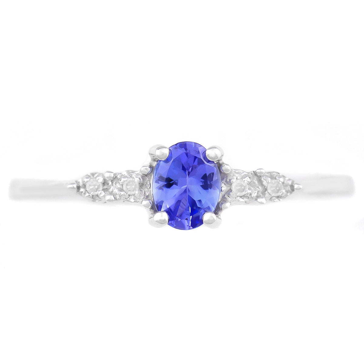 9K SOLID WHITE GOLD 0.33 CT NATURAL OVAL TANZANITE RING WITH 4 DIAMONDS.