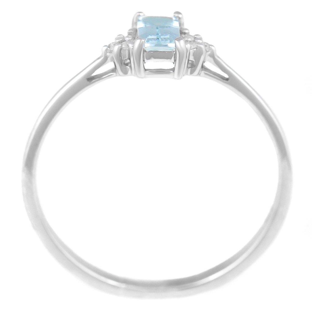 9K SOLID WHITE GOLD 0.30CT NATURAL EMERALD CUT AQUAMARINE + 6 DIAMOND RING.