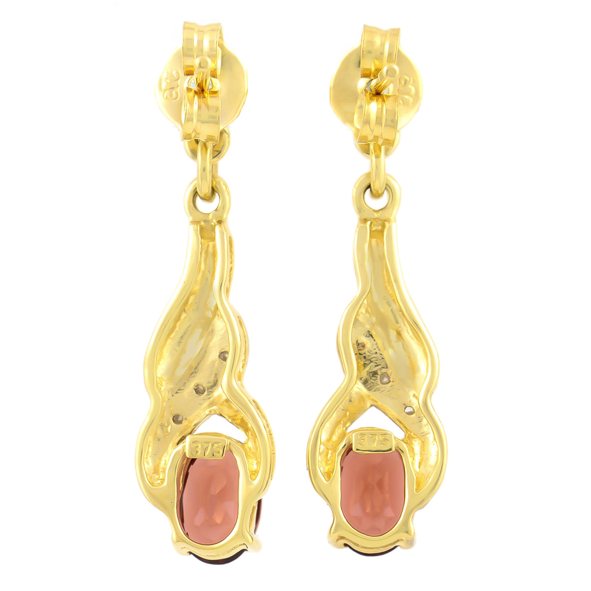 9K SOLID GOLD 0.90CT NATURAL ALMANDINE GARNET AND 6 DIAMOND DROP DANGLE EARRINGS.