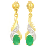 9K SOLID GOLD 0.90CT NATURAL EMERALD AND 6 DIAMOND DROP DANGLE EARRINGS.