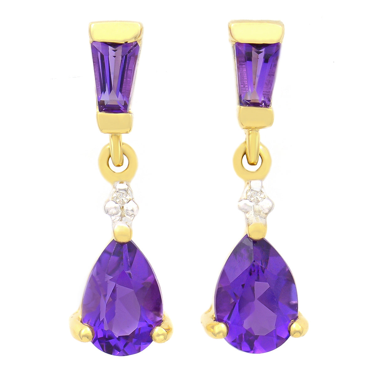 9K SOLID GOLD 1.20CT NATURAL PURPLE AMETHYST AND DIAMOND DROP DANGLE EARRINGS.