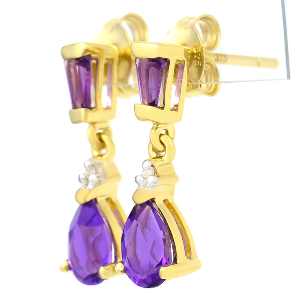 9K SOLID GOLD 1.20CT NATURAL PURPLE AMETHYST AND DIAMOND DROP DANGLE EARRINGS.