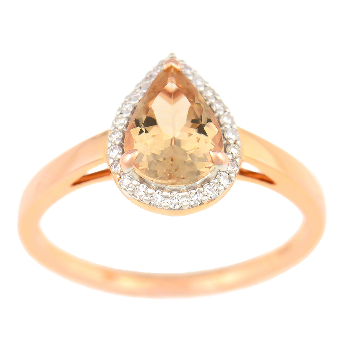 9K SOLID ROSE GOLD 0.90CT NATURAL PEAR MORGANITE HALO RING WITH 24 VS/G DIAMONDS.