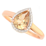 9K SOLID ROSE GOLD 0.90CT NATURAL PEAR MORGANITE HALO RING WITH 24 VS/G DIAMONDS.