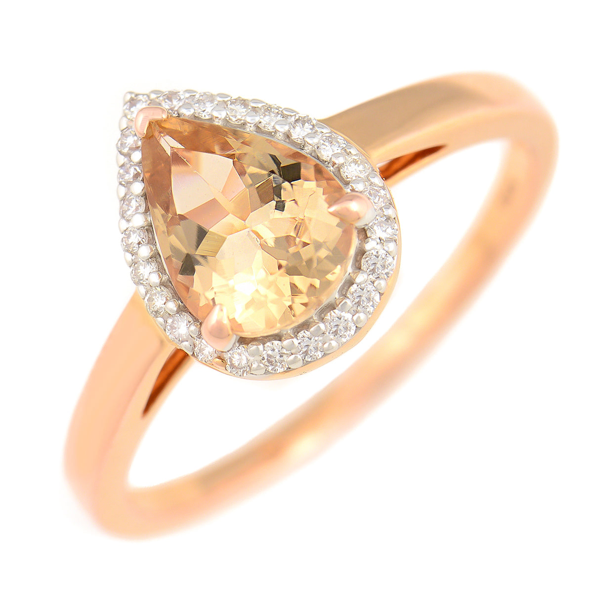 9K SOLID ROSE GOLD 0.90CT NATURAL PEAR MORGANITE HALO RING WITH 24 VS/G DIAMONDS.