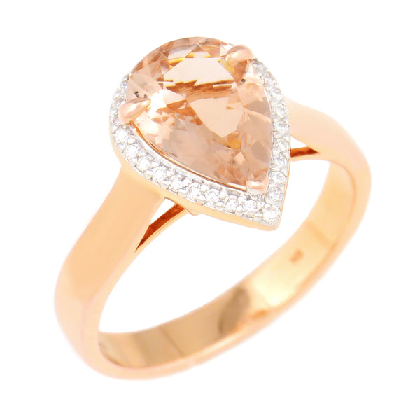 9K SOLID ROSE GOLD 1.75CT NATURAL PEAR MORGANITE HALO RING WITH 29 VS/G DIAMONDS.