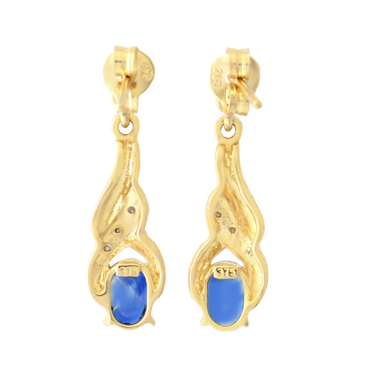 9K SOLID GOLD 1.20CT NATURAL BLUE SAPPHIRE AND 6 DIAMOND DROP DANGLE EARRINGS.