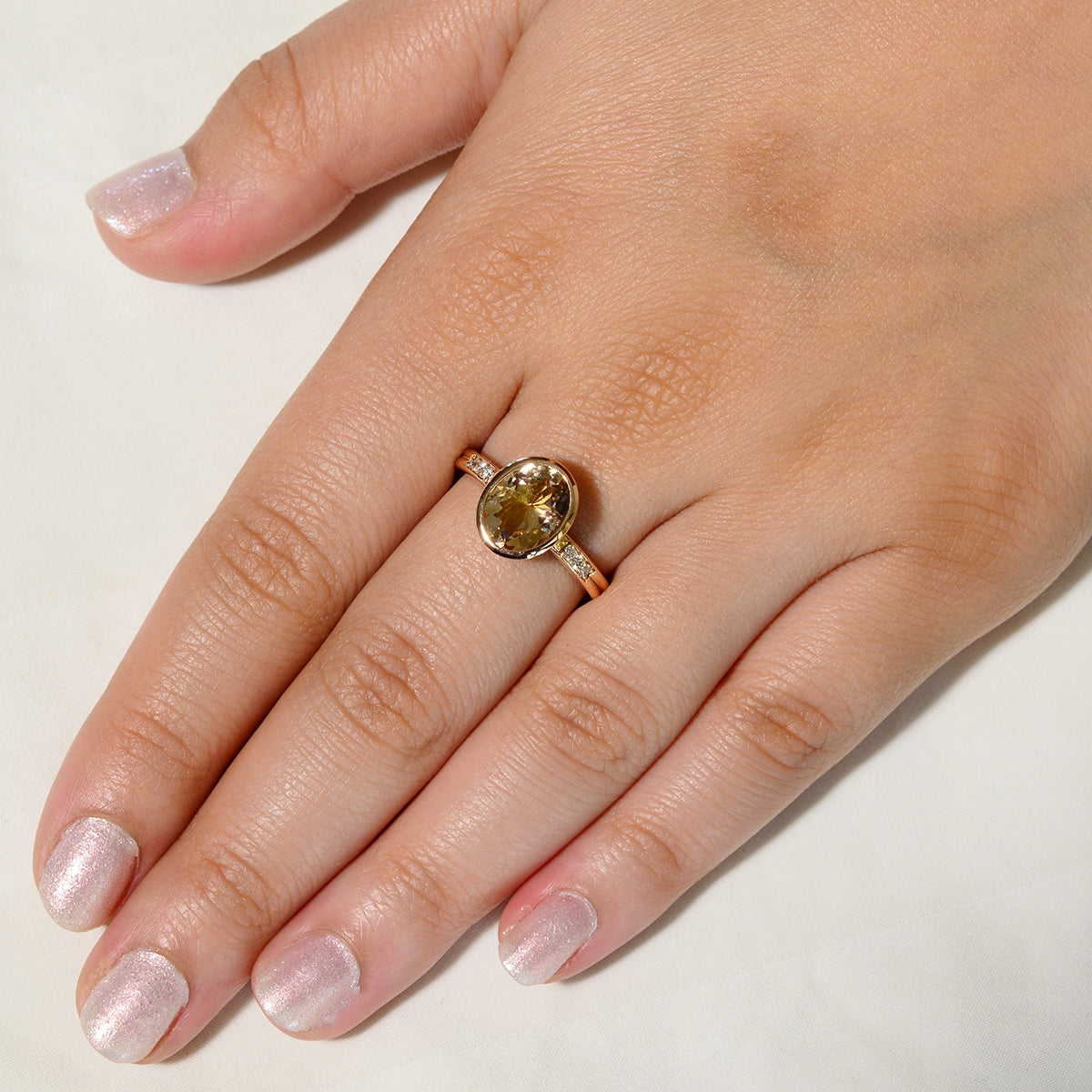 18K SOLID ROSE GOLD 2.30CT NATURAL OVAL PEACH MORGANITE RING WITH 6 VS/G DIAMONDS.