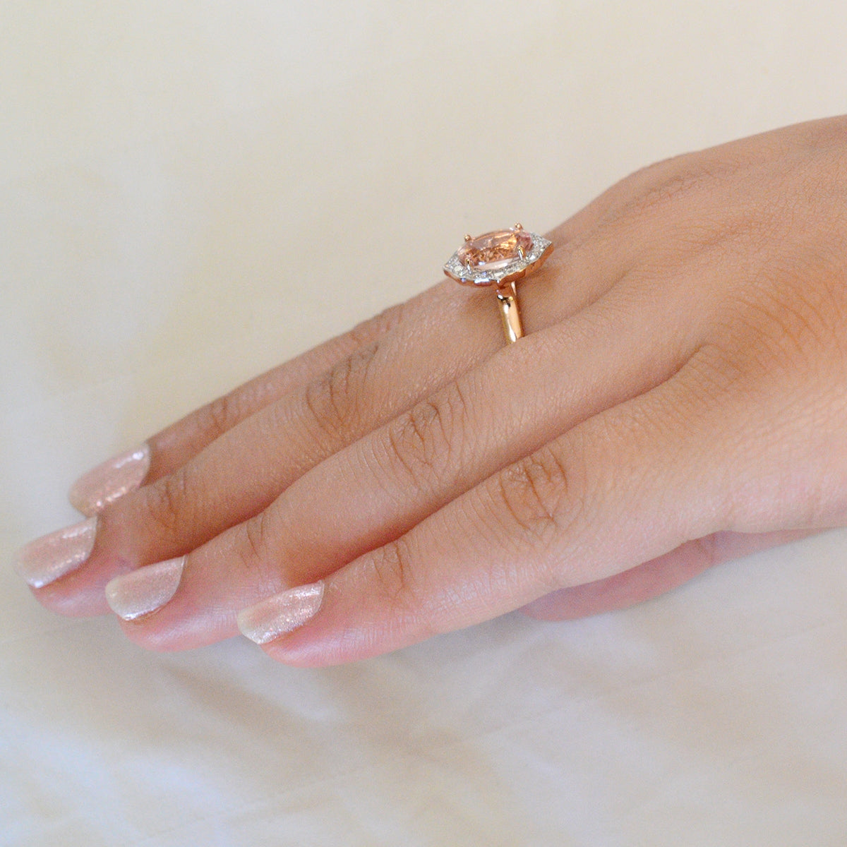 18K SOLID ROSE GOLD 1.80CT NATURAL OVAL MORGANITE HALO RING WITH 20 VS/G DIAMONDS.