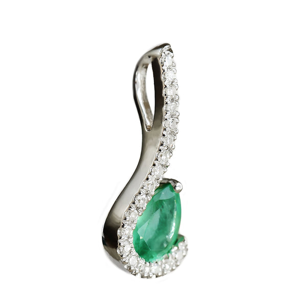 9K SOLID WHITE GOLD 0.30CT NATURAL PEAR EMERALD PENDANT WITH EIGHTEEN DIAMONDS.