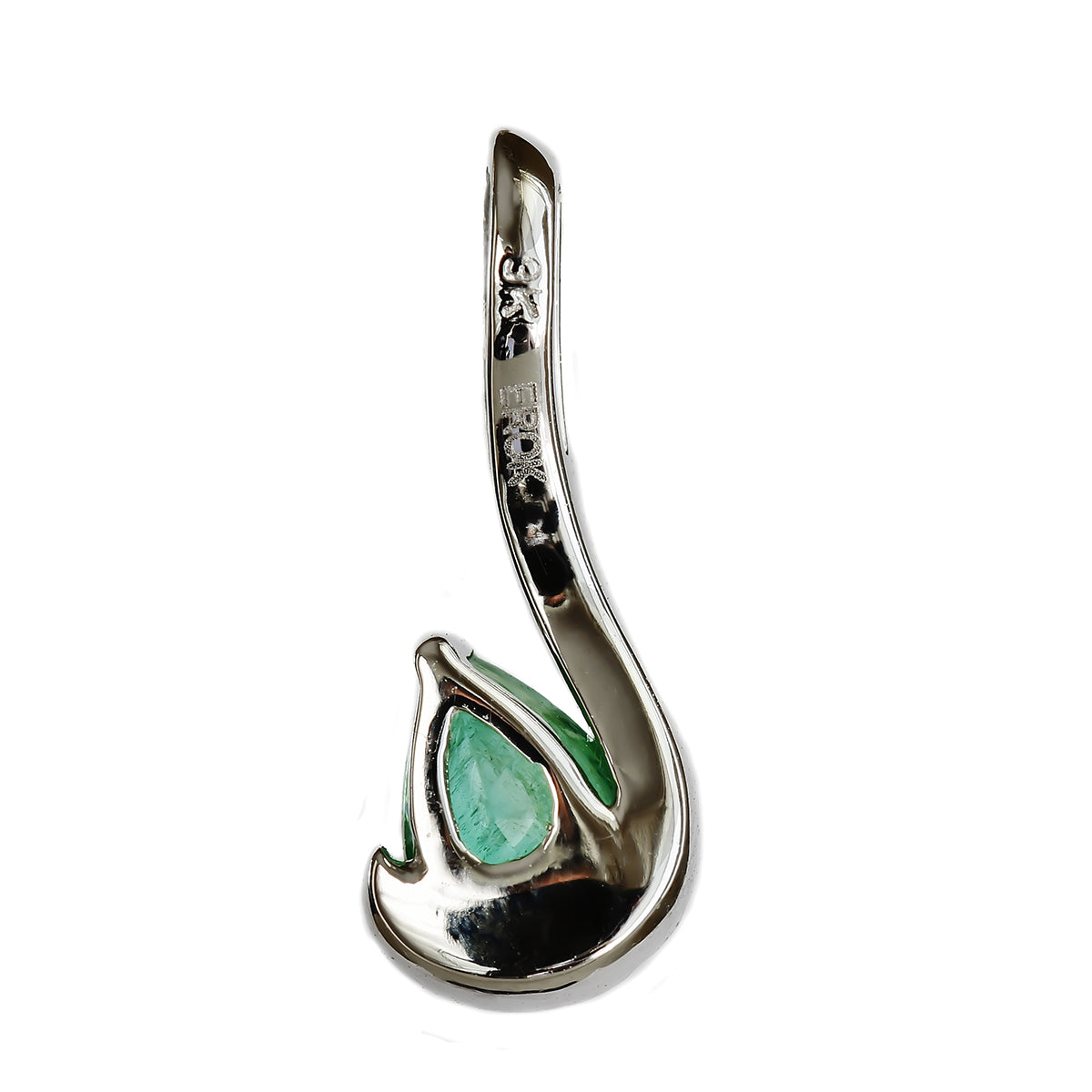 9K SOLID WHITE GOLD 0.30CT NATURAL PEAR EMERALD PENDANT WITH EIGHTEEN DIAMONDS.