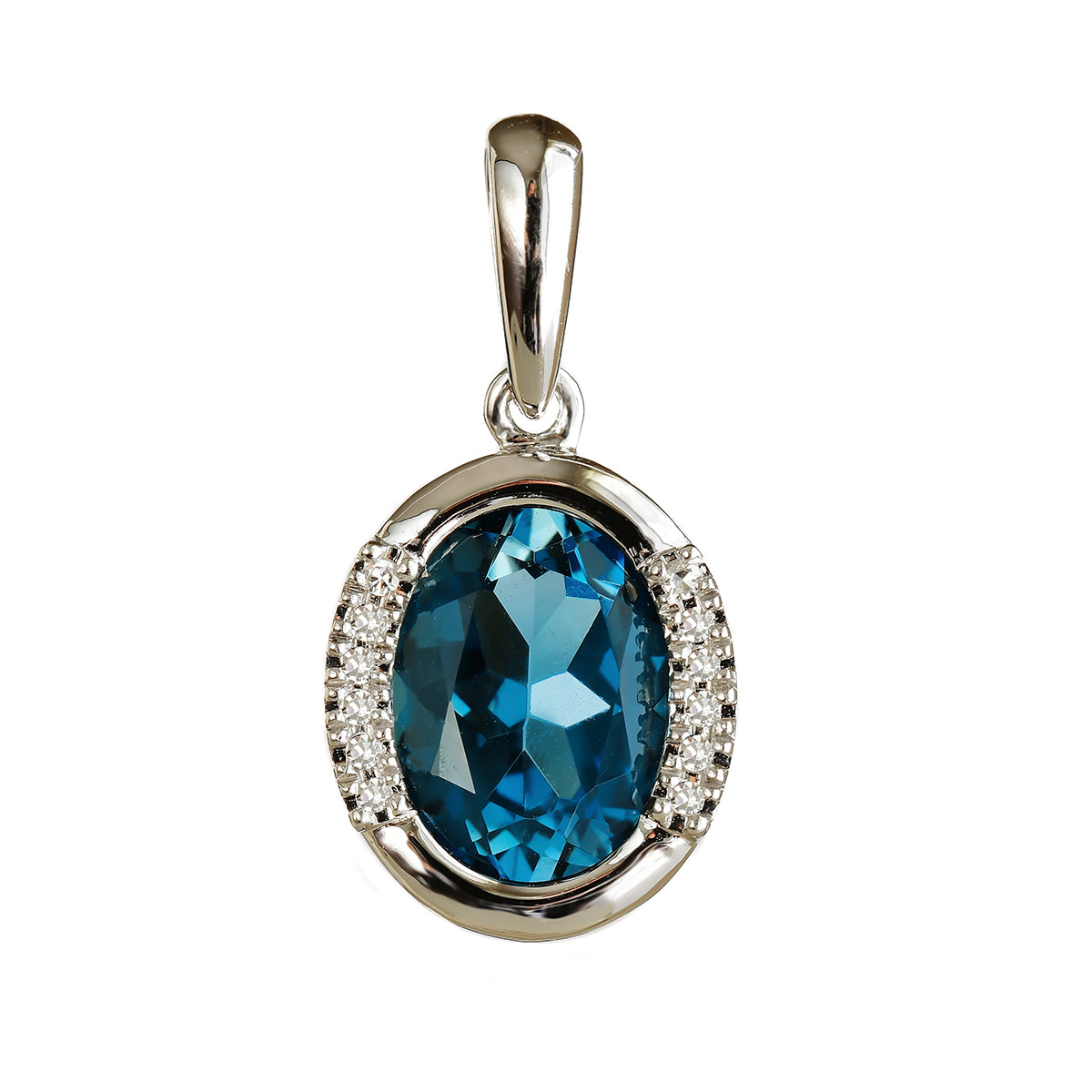 9K SOLID WHITE GOLD 1.90CT LONDON BLUE TOPAZ PENDANT WITH TWELVE DIAMONDS.