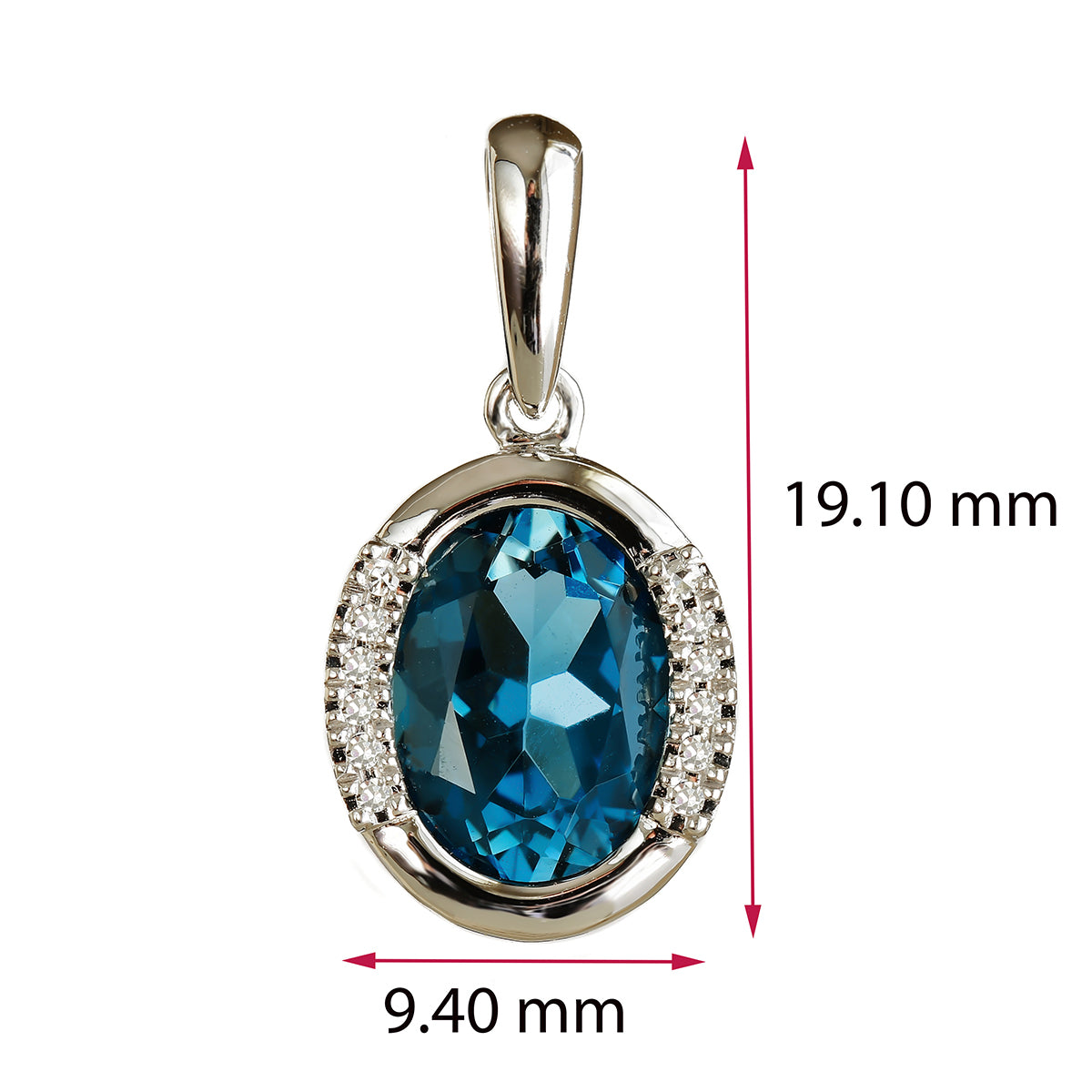 9K SOLID WHITE GOLD 1.90CT LONDON BLUE TOPAZ PENDANT WITH TWELVE DIAMONDS.