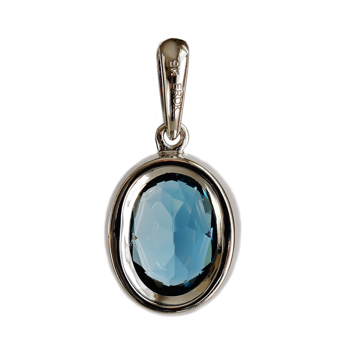 9K SOLID WHITE GOLD 1.90CT LONDON BLUE TOPAZ PENDANT WITH TWELVE DIAMONDS.