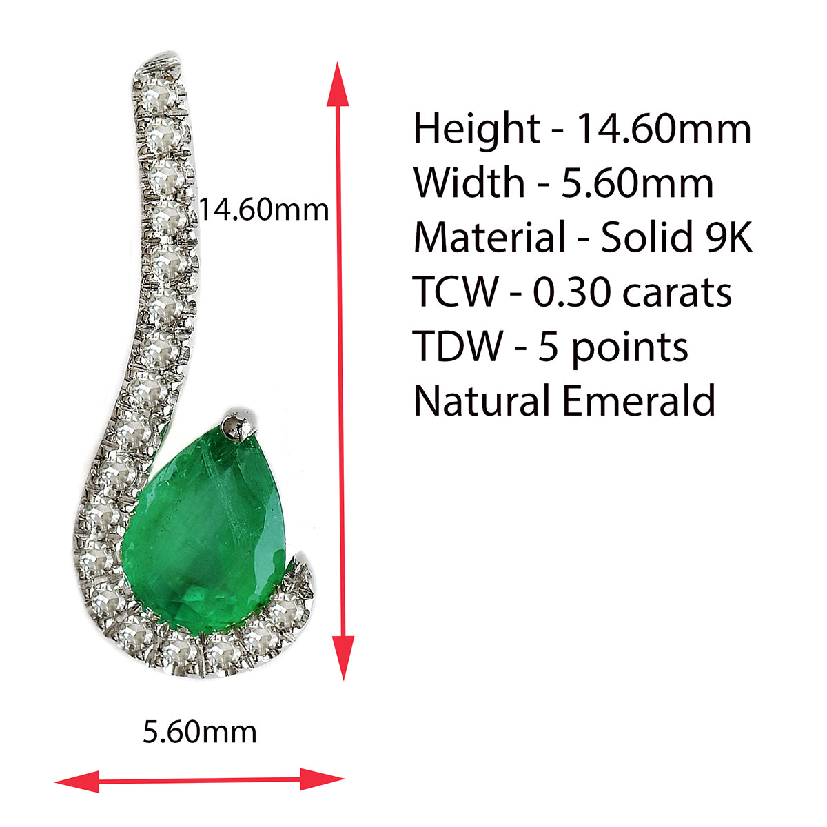 9K SOLID WHITE GOLD 0.30CT NATURAL PEAR EMERALD PENDANT WITH EIGHTEEN DIAMONDS.
