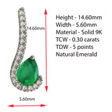 9K SOLID WHITE GOLD 0.30CT NATURAL PEAR EMERALD PENDANT WITH EIGHTEEN DIAMONDS.