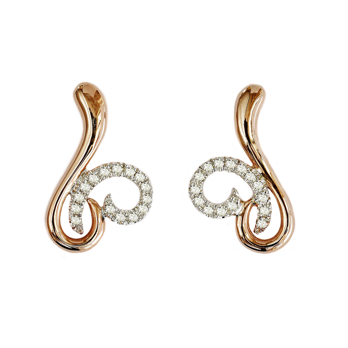 9K SOLID ROSE AND WHITE GOLD 2 TONE EARRINGS WITH 30 MICRO PAVE DIAMONDS.