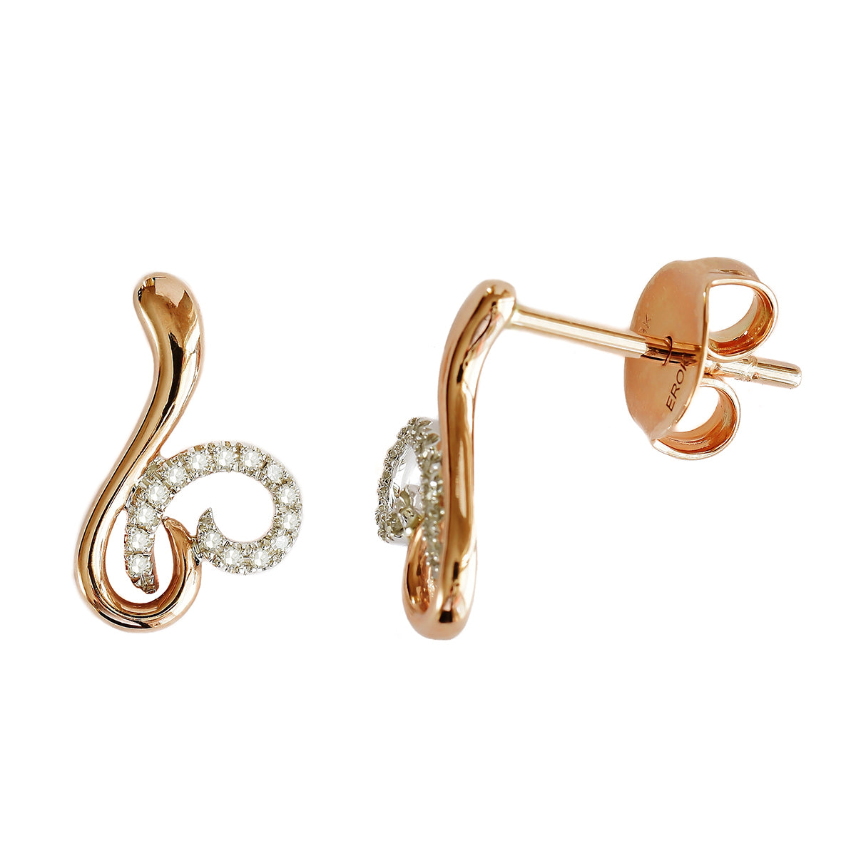 9K SOLID ROSE AND WHITE GOLD 2 TONE EARRINGS WITH 30 MICRO PAVE DIAMONDS.