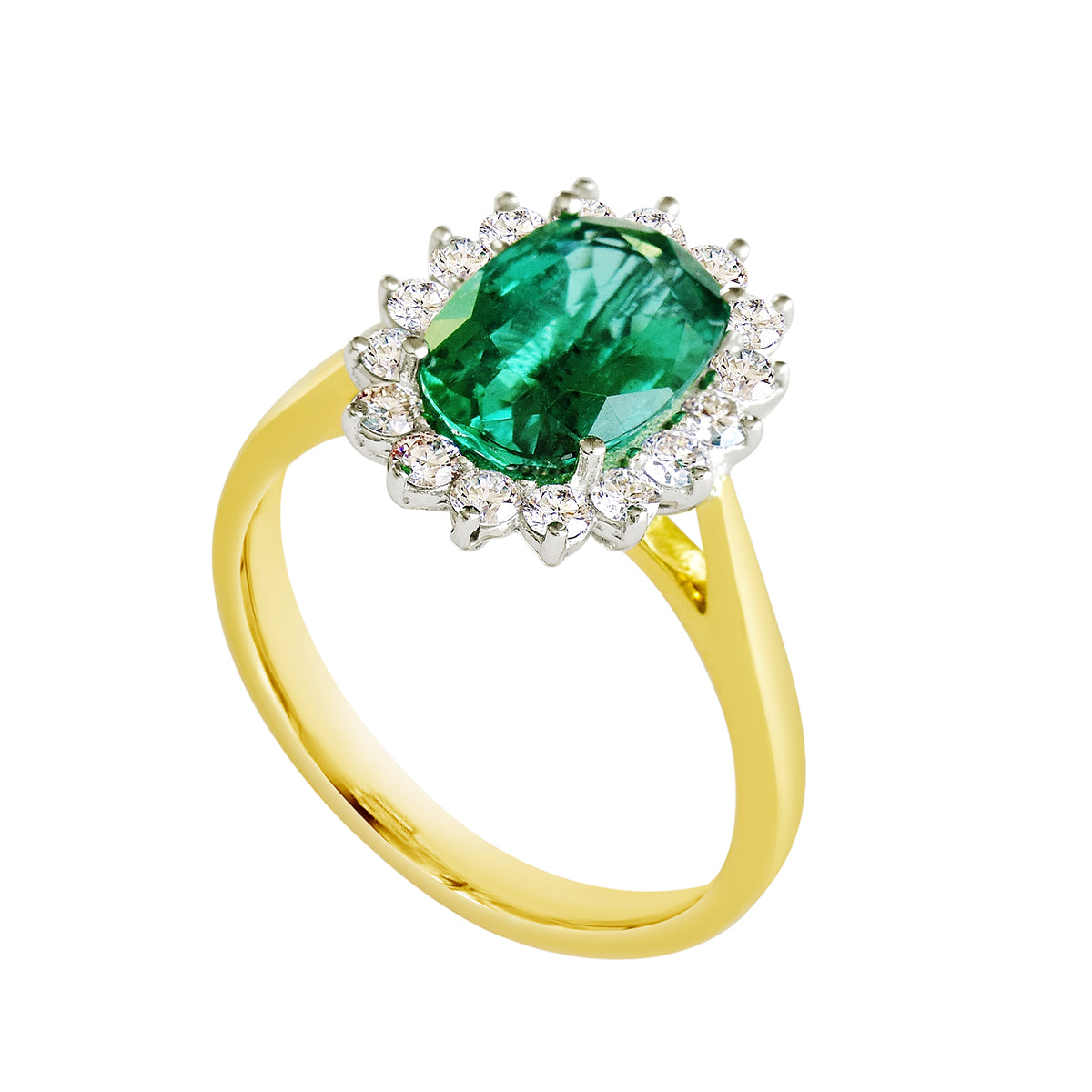 18K SOLID GOLD 2.30CT NATURAL OVAL EMERALD CLUSTER RING WITH 16 VS/G DIAMONDS.