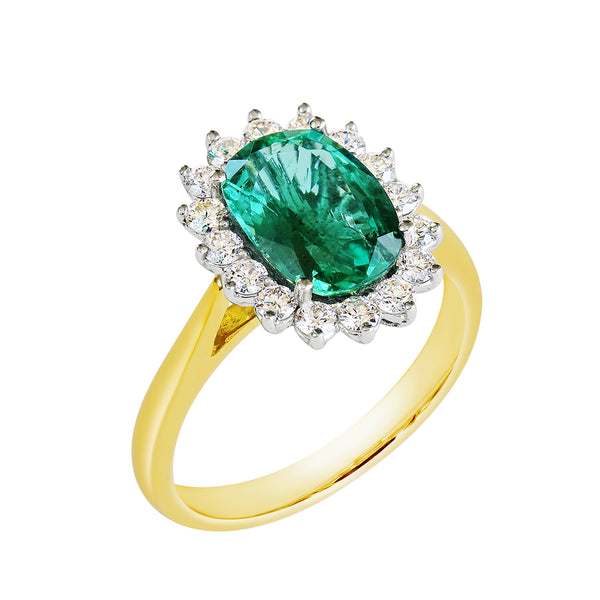 18K SOLID GOLD 2.30CT NATURAL OVAL EMERALD CLUSTER RING WITH 16 VS/G DIAMONDS.