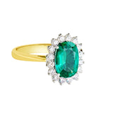18K SOLID GOLD 2.30CT NATURAL OVAL EMERALD CLUSTER RING WITH 16 VS/G DIAMONDS.