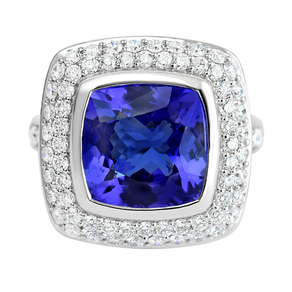 18K SOLID WHITE GOLD 6.52CT NATURAL TANZANITE RING WITH 68 VS/G DIAMONDS.