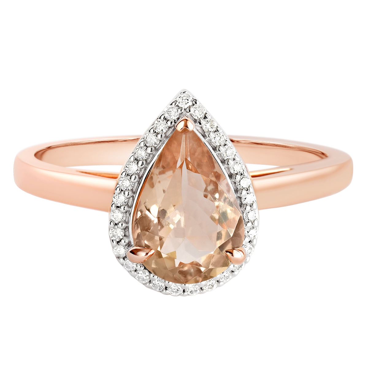 9K SOLID ROSE GOLD 1.28CT NATURAL PEAR MORGANITE HALO RING WITH 29 VS/G DIAMONDS.