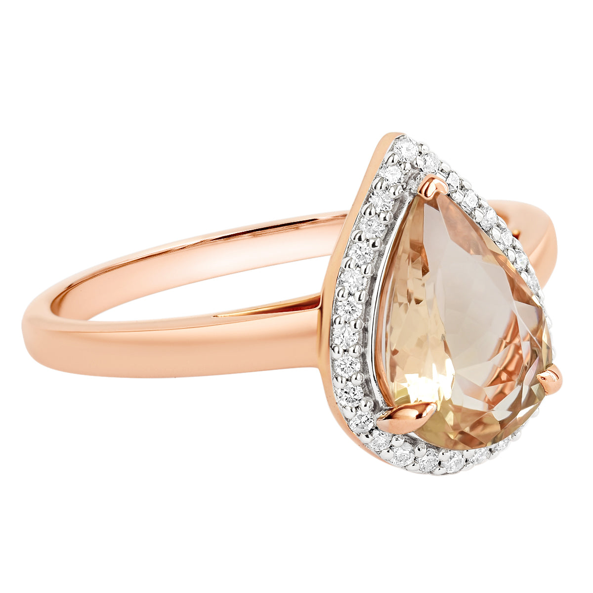 9K SOLID ROSE GOLD 1.28CT NATURAL PEAR MORGANITE HALO RING WITH 29 VS/G DIAMONDS.