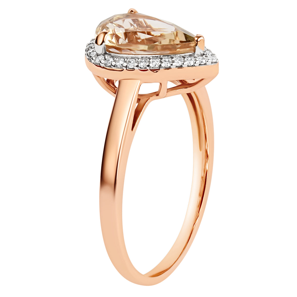 9K SOLID ROSE GOLD 1.28CT NATURAL PEAR MORGANITE HALO RING WITH 29 VS/G DIAMONDS.
