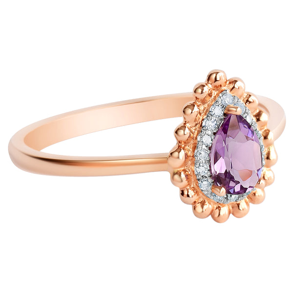9K SOLID ROSE GOLD 0.40CT NATURAL PEAR CUT PURPLE AMETHYST WITH 16 DIAMONDS.