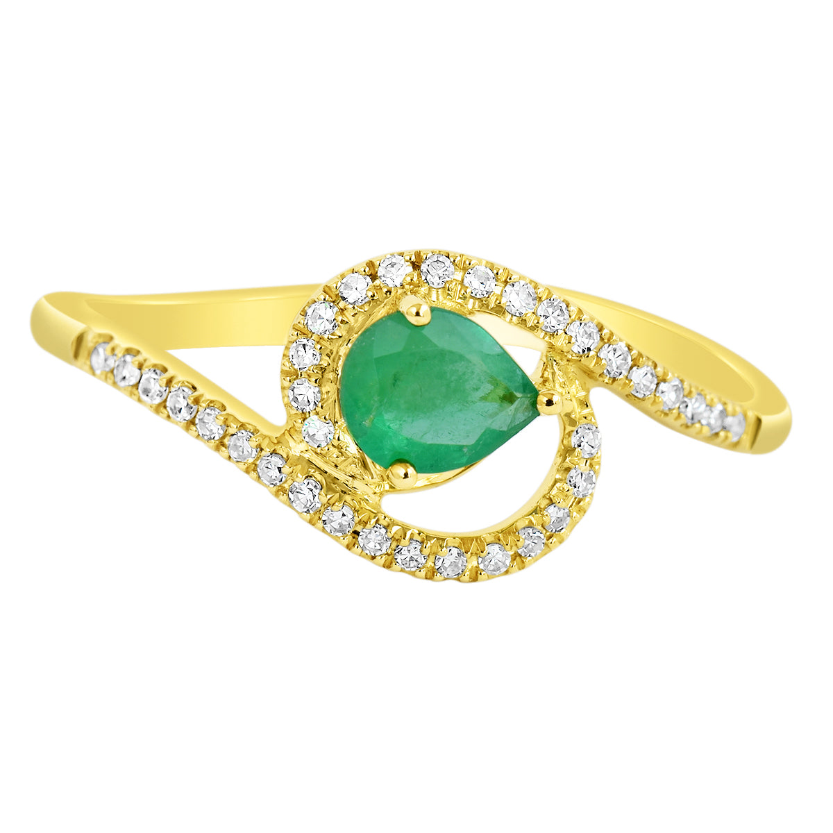 9K SOLID YELLOW GOLD 0.30CT NATURAL PEAR EMERALD RING WITH 34 DIAMONDS.