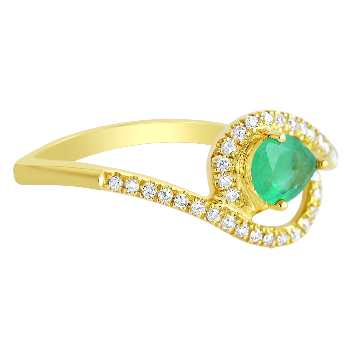 9K SOLID YELLOW GOLD 0.30CT NATURAL PEAR EMERALD RING WITH 34 DIAMONDS.