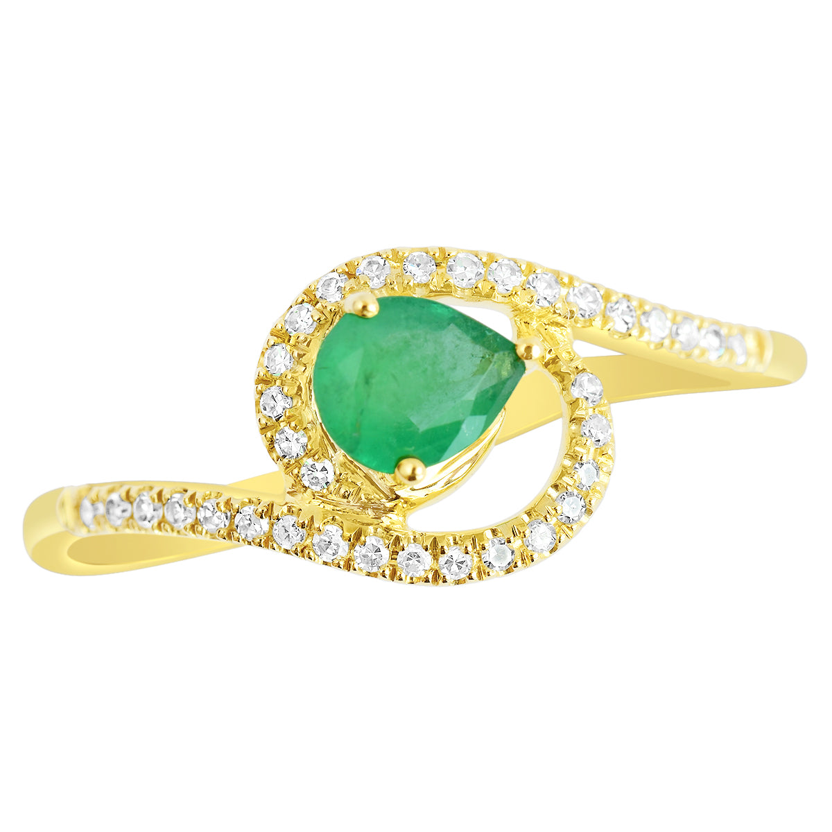 9K SOLID YELLOW GOLD 0.30CT NATURAL PEAR EMERALD RING WITH 34 DIAMONDS.