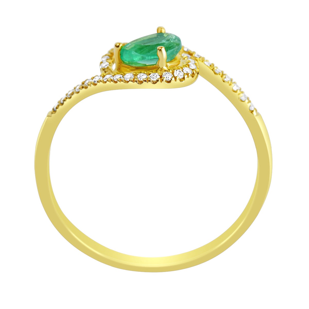 9K SOLID YELLOW GOLD 0.30CT NATURAL PEAR EMERALD RING WITH 34 DIAMONDS.