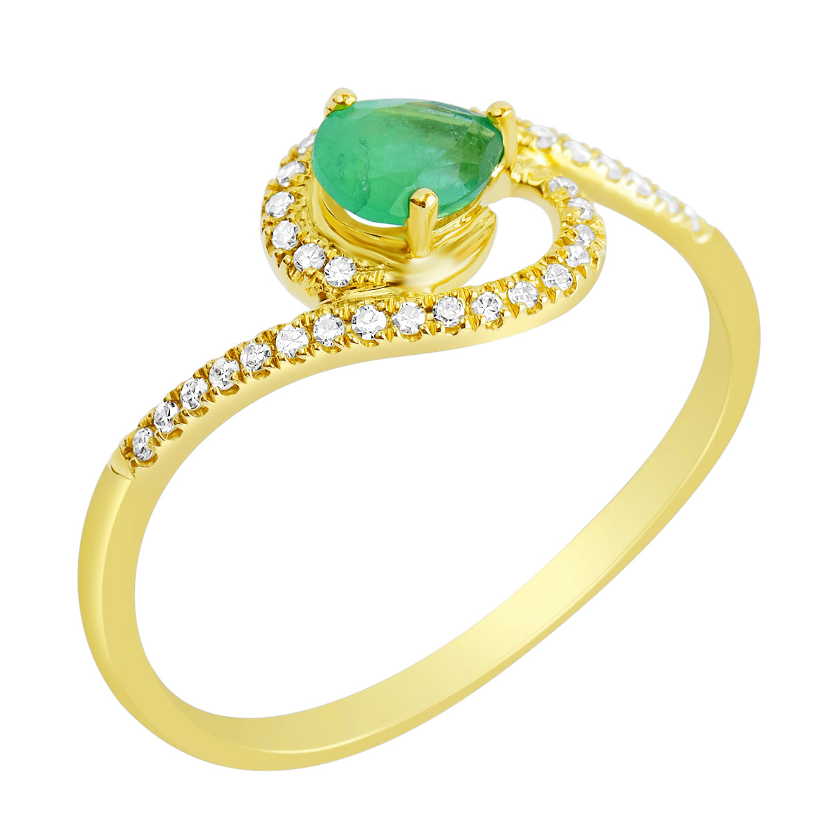 9K SOLID YELLOW GOLD 0.30CT NATURAL PEAR EMERALD RING WITH 34 DIAMONDS.