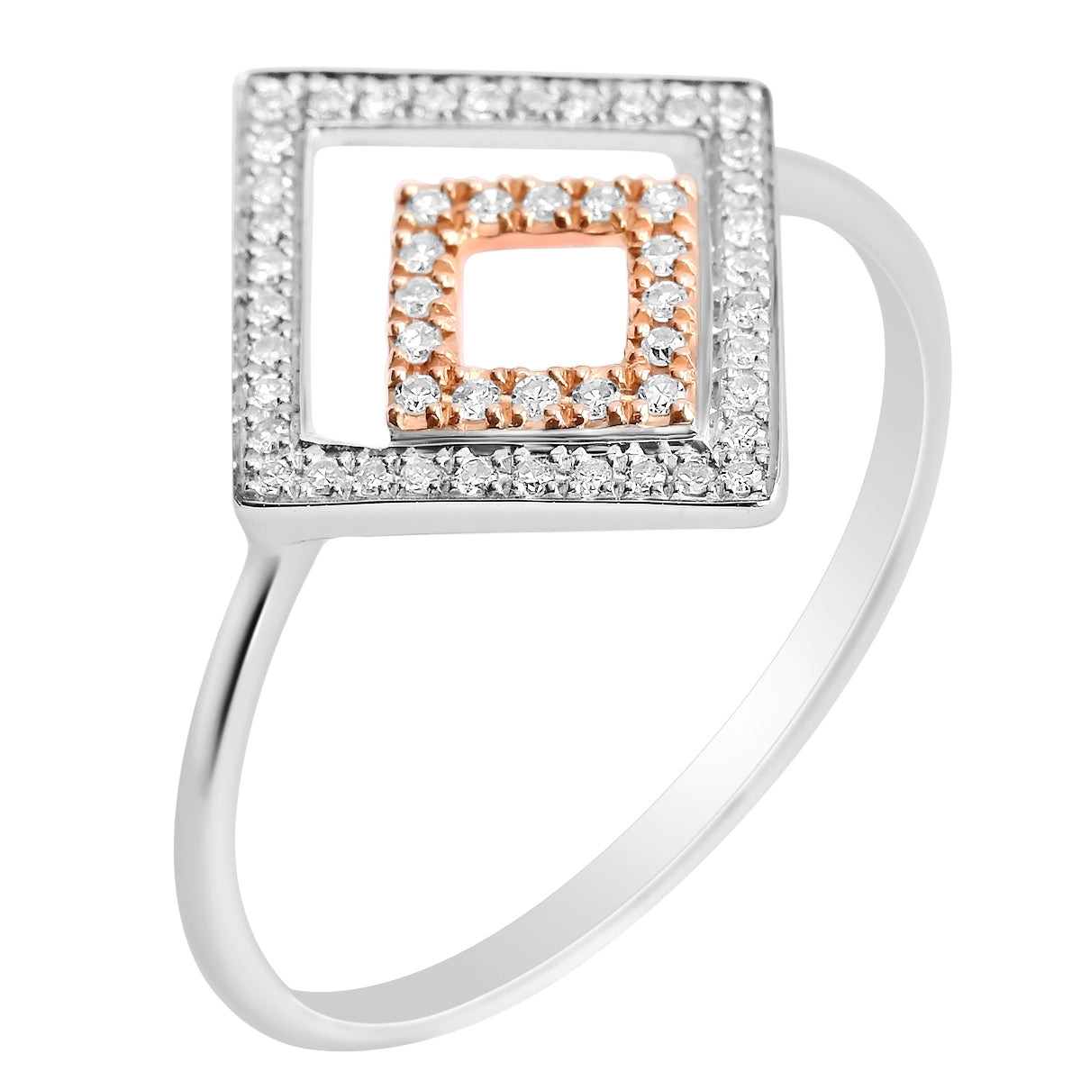 DISTINCTIVE 9K SOLID WHITE & ROSE GOLD NATURAL GEOMETRIC DESIGN 52 DIAMOND RING.