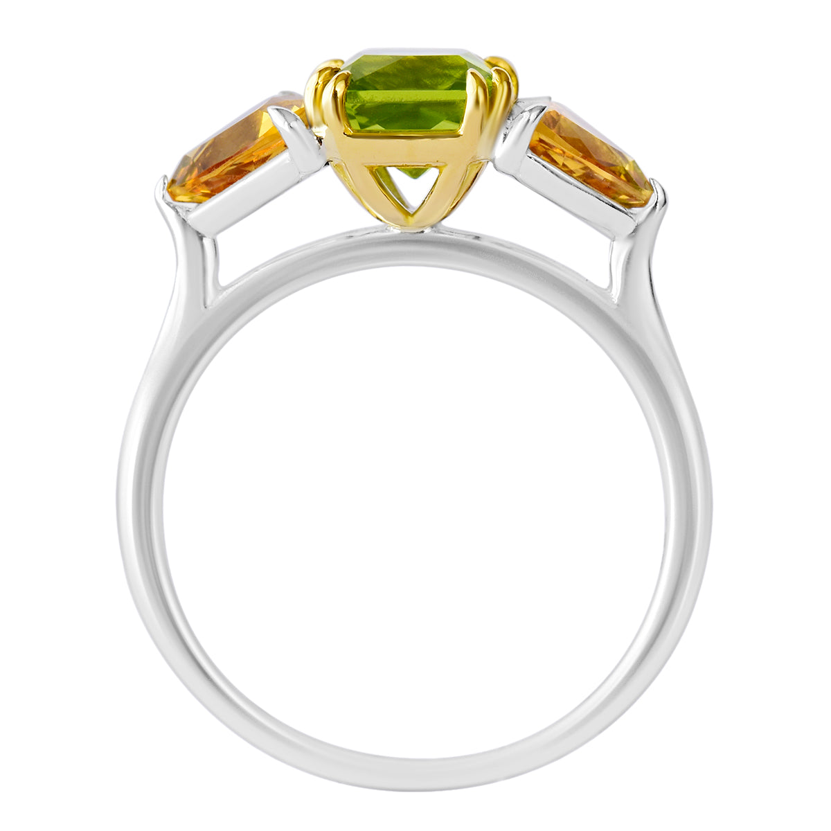 18K SOLID GOLD 1.80CT NATURAL ASSCHER PERIDOT AND TRILLIANT CITRINE RING.