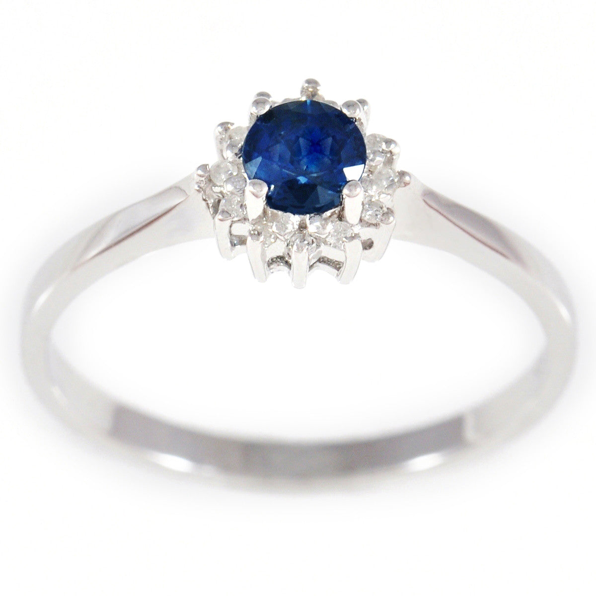 9K SOLID WHITE GOLD 0.40CT NATURAL SAPPHIRE HALO RING WITH 12 DIAMONDS.