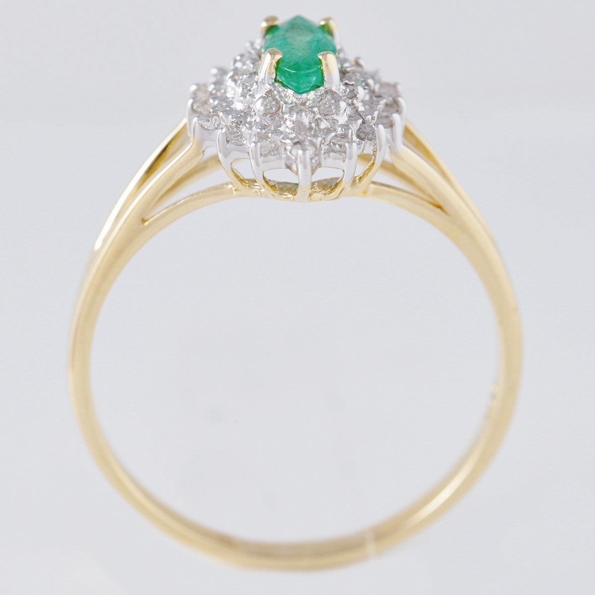 9K SOLID GOLD VINTAGE INSPIRED 0.25CT MARQUISE EMERALD RING WITH 28 DIAMONDS.
