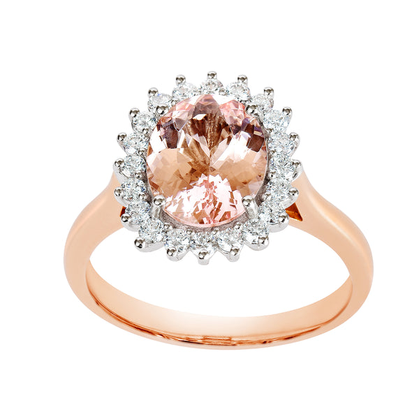 18K SOLID ROSE GOLD 2.27CT NATURAL OVAL MORGANITE HALO RING WITH 20 VS/G DIAMONDS.