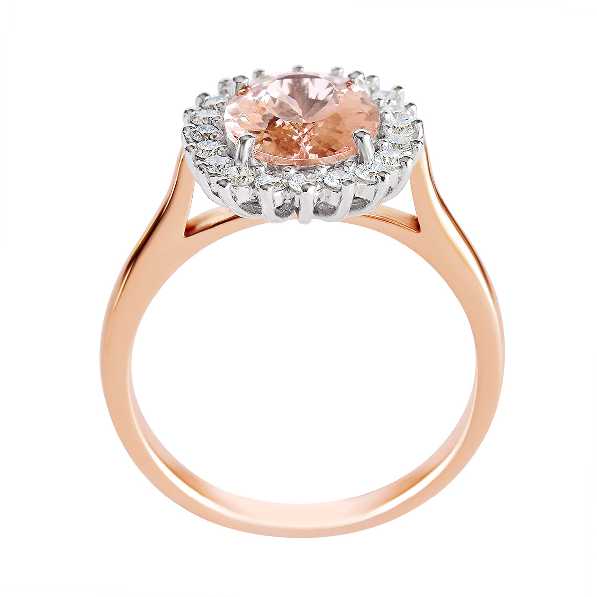 18K SOLID ROSE GOLD 2.27CT NATURAL OVAL MORGANITE HALO RING WITH 20 VS/G DIAMONDS.