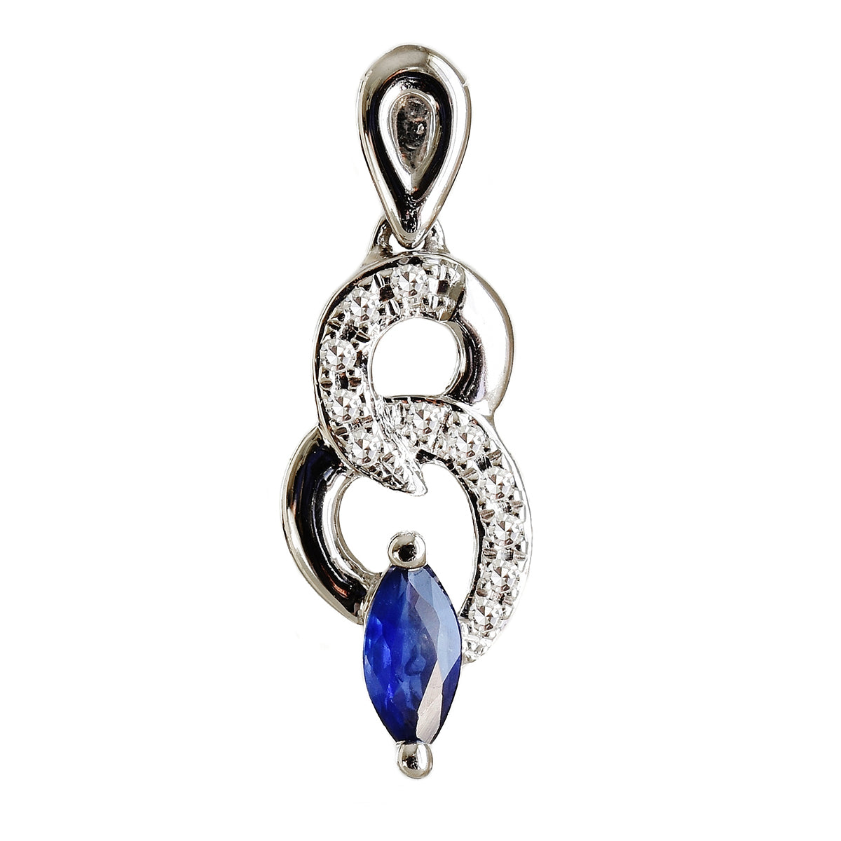 9K SOLID WHITE GOLD 0.20CT NATURAL SAPPHIRE PENDANT WITH ELEVEN DIAMONDS.