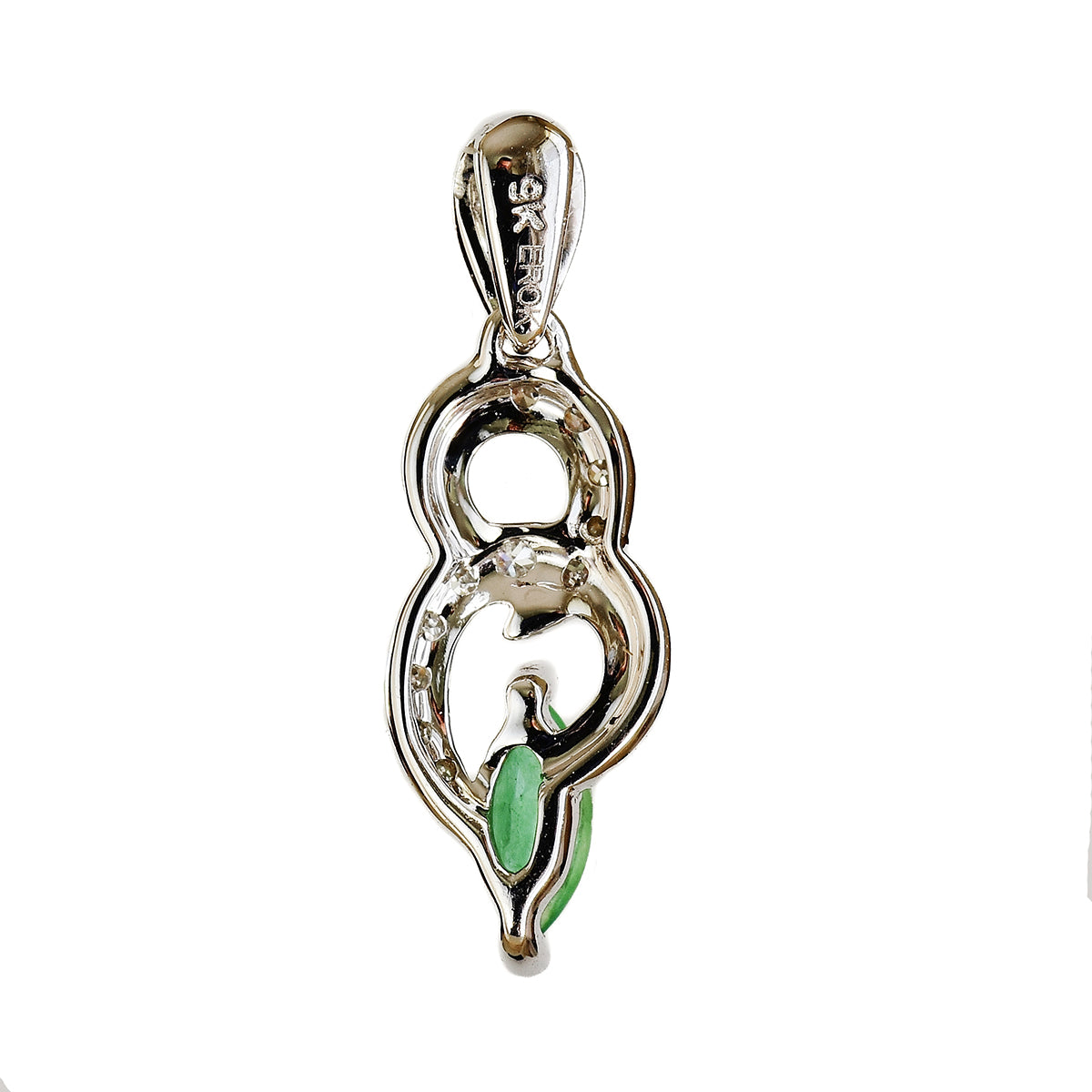 9K SOLID WHITE GOLD 0.17CT NATURAL EMERALD PENDANT WITH ELEVEN DIAMONDS.