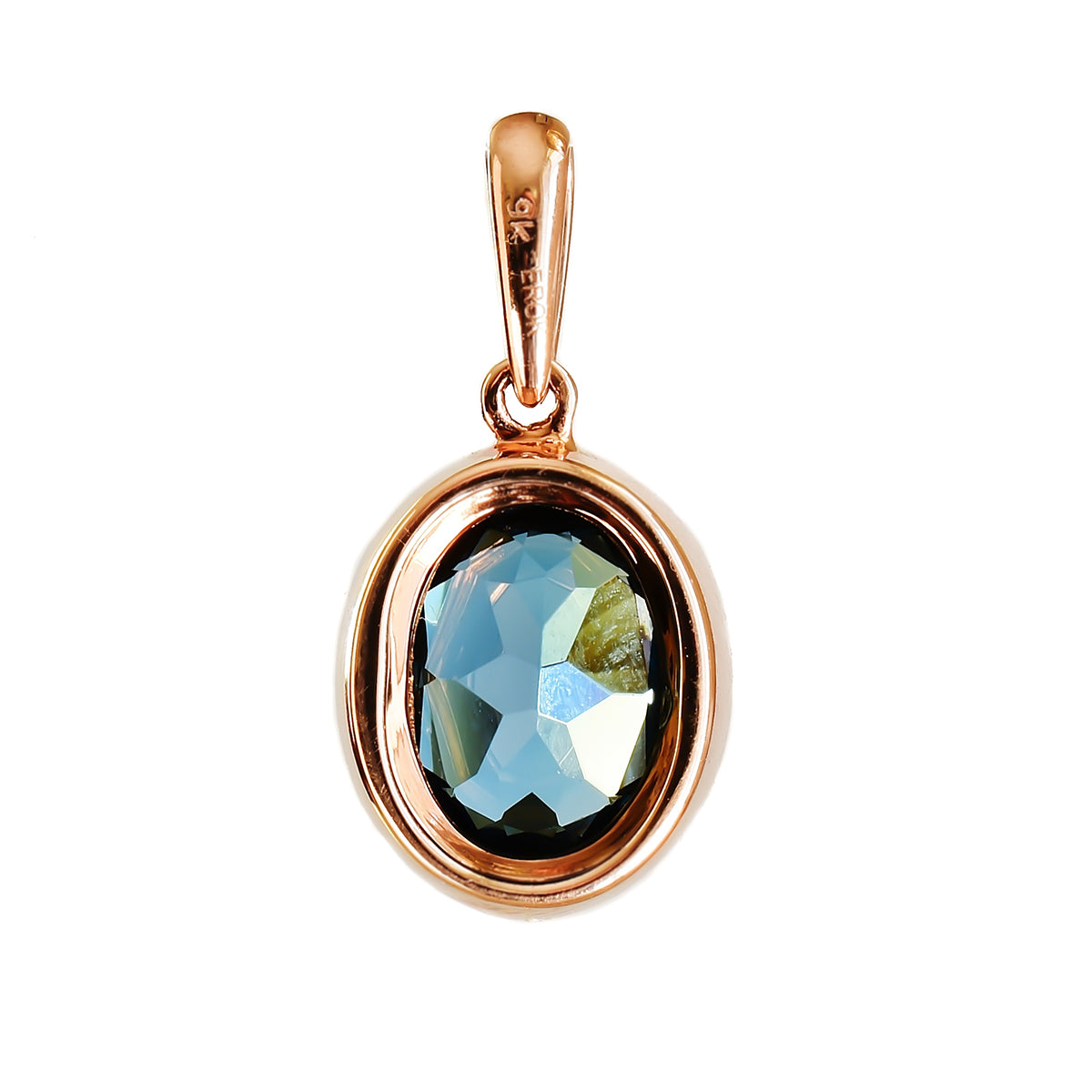 9K SOLID ROSE GOLD 1.90CT LONDON BLUE TOPAZ PENDANT WITH TWELVE DIAMONDS.